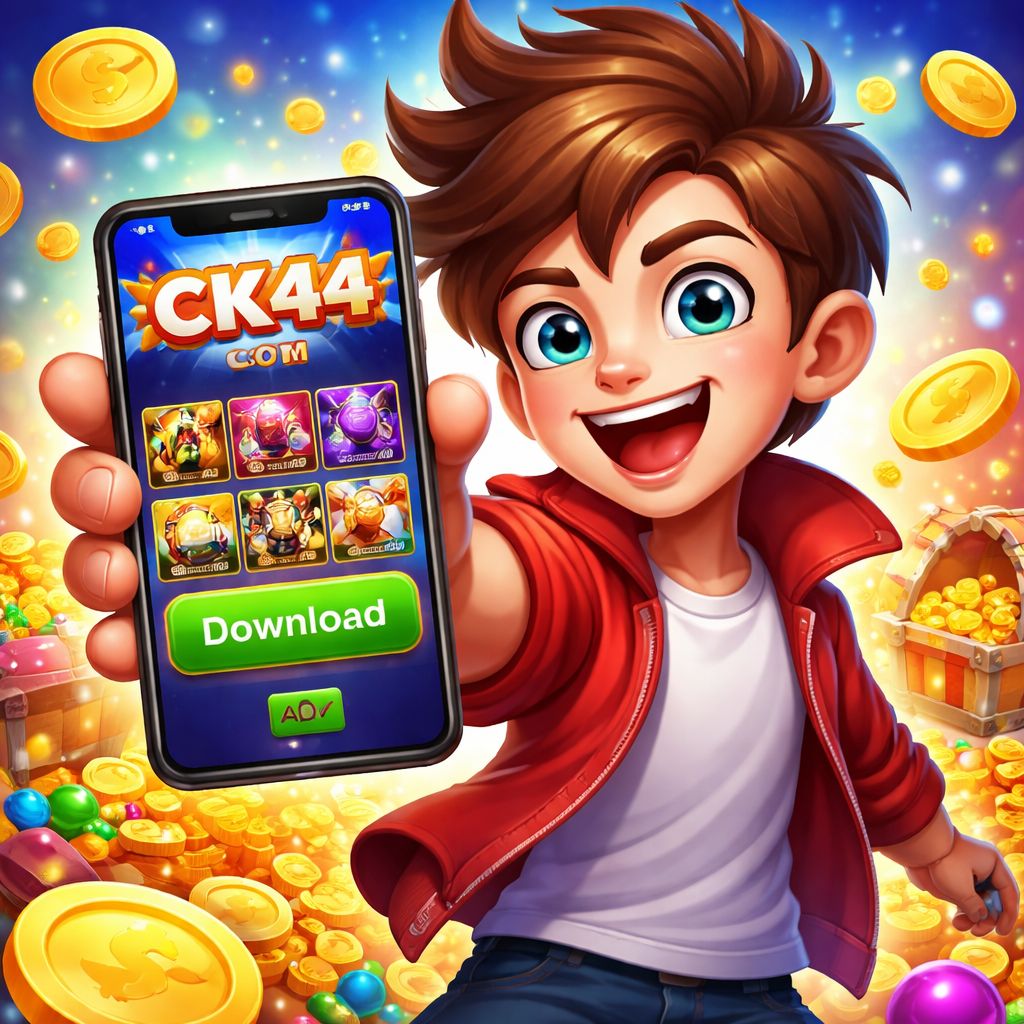 CK44.COM app themed cartoon character with smartphone, coins, and gaming visuals